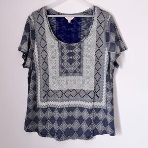 Lucky Brand Blue Green Multi Border Print Cotton Modal Tee 1X